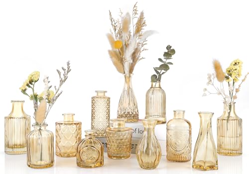 UPBUD Amber Glass Bud Vases Set of 12, Gold Mini Flower Vase for Centerpieces, Small Vases in Bulk for Wedding Decorations, Vintage Vase for Table, Recepetion, Home Décor - color: Standard-gold Amber, size: 12pcs