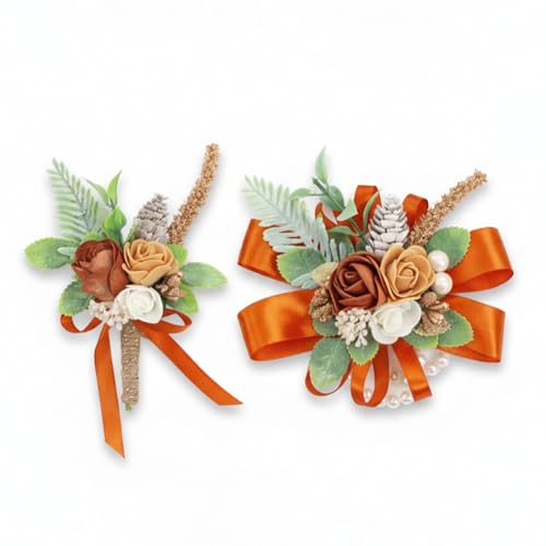 Terracotta Orange Corsage and Boutonniere Set Wrist Corsage Wristlet for Prom Groom Flower Boutonniere for Men Wedding Party Homecoming Accessories Suit - color: Terracotta Orange