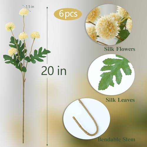 mizii 6Pcs Yellow Fake Silk Pompon Mum Artificial Flowers Bulk Small Faux Chrysanthemums with Stems Realistic Floral Decorations for Wedding DIY Bouquet Centerpieces Shower Vase Home Decor (Yellow) - color: Yellow