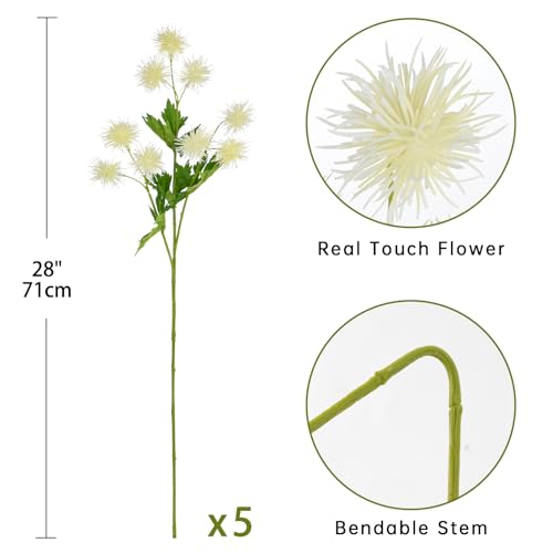 Hollyone 9 Heads White Dandelion Artificial Flowers 5Pcs Faux Dandelions Flowers Bush Arrangement Bouquets Fake Ball Mums Flower Stem for Indoor Home Decor Table Office Party Wedding Decoration - color: White