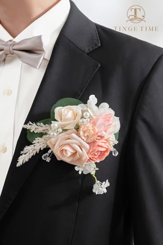 TINGE TIME Boutonniere for Men Wedding,Groom and Best Man Boutonniere for Wedding, Prom, Homecoming, Anniversary, Graduation, Christmas Dinner (1, Champange&Pink) - color: Champange&pink