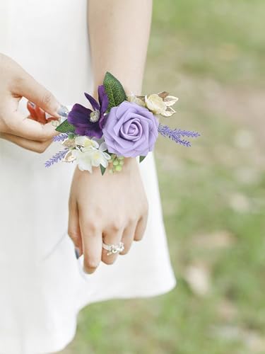 Rinlong 2Pcs Purple Wrist Corsage for Wedding, Prom, Homecoming | Bridesmaid Wristlet, Mother of the Bride Flower Corsage - color: 10-purple