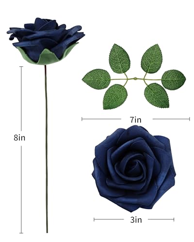 DuHouse 50Pcs Artificial Roses Flowers Fake Roses with Stems Real Touch Foam Flowers for DIY Wedding Bouquet Party Centerpiece Floral Arrangement Party Home Decor(Navy Blue) - color: Navy Blue, size: 50pcs