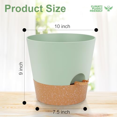 YNNICO 10-Inch Plant Pots, Self-Watering Planters with Drainage Holes & Saucers for Indoor and Outdoor Plants (2-Pack, Green) - color: Green, size: 10 inch
