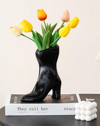 Ceramic Boot Vase for Modern Home Decor,7.9" High Heel Bootie Flower Vase,Quirky Funky Aesthetic Room Decor,Trendy Coffee Table Centerpiece for Women(Black) - color: Black