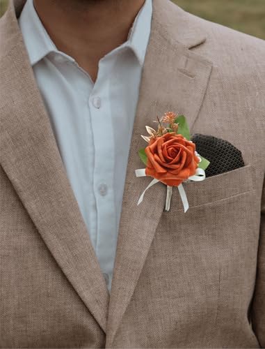 Marriwise 6pcs Rose Boutonniere for Men, Artificial Flowers Wedding Groom Groomsmen Boutonniere for Wedding/Anniversary/Prom/Rustic Wedding/Homecoming (Burnt Orange 1) - color: Burnt Orange 1