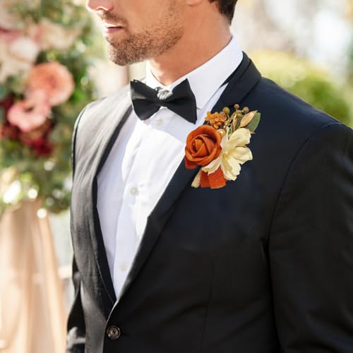 Corsage and Boutonniere Set for Bride Groom Bridesmaids Groomsmen Wedding Prom Homecoming Boutonniere and Corsage Wristlet (Terracotta) - color: Terracotta