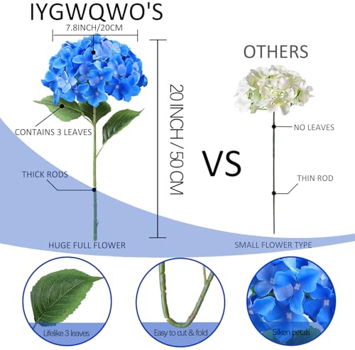 20" Hydrangea Artificial Flowers, Large Silk 2Pcs White/ 4Pcs Dark Blue Home Decor - color: White/Dark Blue