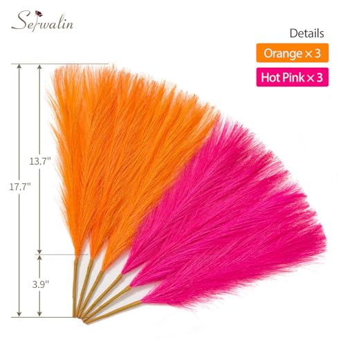 Serwalin 6PCS Pampas Grass Decor, 17.7Inch Bright Orange Hot Pink Artificial Pampas Grass Fluffy Fake Pompas Vase Filler Flower Arrangement for Home Wedding Decor - color: A Bright Orange Hot Pink, size: 17 Inch 6 Pcs