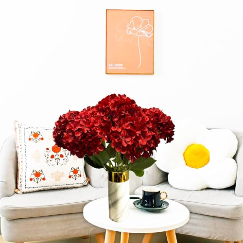 8pcs Red Hydrangea Artificial Flowers 27.58" Large Realistic Single Long Stem Faux Silk Hydrangeas Bouquets Flower Arrangements Home Office Decor Wedding Centerpieces DIY - color: Red