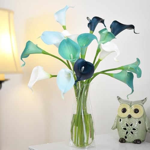 FiveSeasonStuff Posh Blue Mix Real Touch Calla Lilies, 15 Artificial PU Flower Stems with Bendable Green Stems, Faux Calla Lily Bouquet for Vase Arrangements - color: Posh Blue Mix