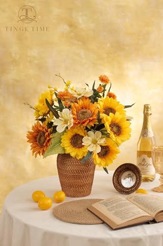 TINGE TIME 9 pcs Sunflowers Artificial Flowers, 6'' Silk Fake Sunflowers with Stems, Yellow and Orange Faux Sunflowers for DIY Outdoors Decor Home Decor Tables Centerpieces - color: 3pcs Orange + 6pcs Yellow