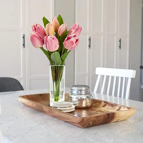 Briful Fake Flowers Artificial Tulip Flower in Clear Vase, Greenish Pink Real Touch EVA Tulip Arrangement Suitable for Home Office Autumn Decoration, Dining Table Centerpiece - color: Greenish Pink