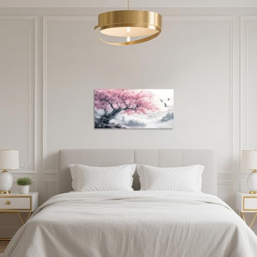 QIXIANG Cherry Blossom Mountain Canvas Wall Art Pink Floral Trees Pictures Large Landscape Painting Japanese Decor for Living Room Bedroom Framed (white,16" W x 32" L) - color: white, size: 16"W x 32"L