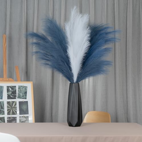 Pampas Grass Decor Tall, 43"/110cm Faux Pampas Grass 6 Stems Large Pompass Grass Branches Tall Bulk Boho Flower Arrangement for Home Room Wedding Party Decor - color: Blue & White & Indigo