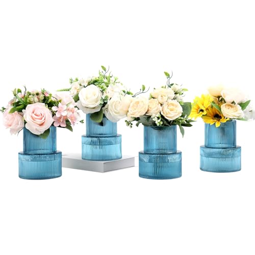 Ribbed Glass Vases, Set of 4 Small Vases for Flowers, Blue Glass Vase for Tulips, Modern Vase for Living Room, Kitchen, Office, Entryway, Bookshelf, Wedding Gifts, Birthday, 6 Inches - color: Blue, size: Ribbed 6 Inches (4-Pack)