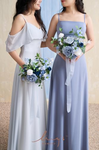 Ling's moment Artificial Flowers Dusty Blue Bridesmaid Bouquet Set of 4, Blue & Ivory Wedding Flowers Bouquets for Bridesmaids, 7 Inch Bridal Bouquets for Bridesmaids, Wedding, etc - color: Blu-dusty Blue
