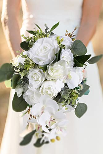 Artificial Bridal Bouquet, 11 Inch White Artificial Wedding Bouquets for Bride Bridal Bouquet Bridesmaid Bouquet Tossing Bouquet for Wedding Ceremony and Anniversary(White) - color: White