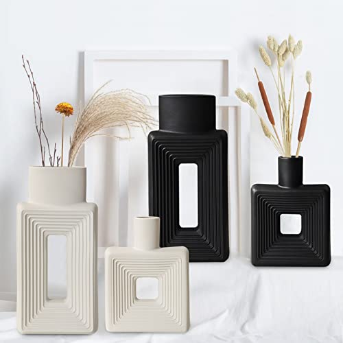 White Ceramic Vase Set of 2，Square Vase Rustic Home Decor Minimalist Nordic Boho Style for Living Room, Shelf, Table, Bookshelf, Mantel and Entryway Decor Vases - color: Square White