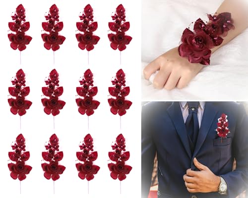 Set of 12 Artificial Silk Organza Craft Rose Flower, 12 Corsage Wristlet, 12 Pin Back DIY Boutonnieres for Wedding, Bridesmaids, Groomsmen, Quinceanera, Prom, Sweet 16 (Burgundy) - color: Burgundy