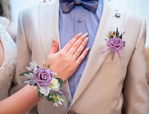 CherishedMoments Corsage and Boutonniere Set, Purple Rose Handmade Artificial Flower Wrist Corsage and Groom Boutonniere for Men Wedding, Bridesmaid Hand Flower for Wedding,Prom Suit Decorations - color: Purple