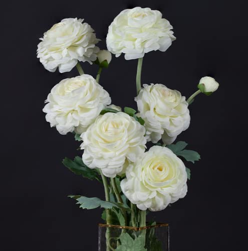 Artificial Ranunculus Long Stem Buttercup Silk Flowers 6pcs for Home Decor and Wedding Decorations(White 1) - color: White 1