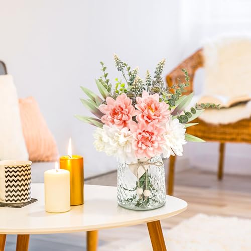 Der Rose Fake Flowers in Vase Silk Artificial Pink Flowers Arrangements with Glass Vase for Dinning Coffee Table Centerpieces Home Kitchen Farmhouse Wedding Decor - color: Pink