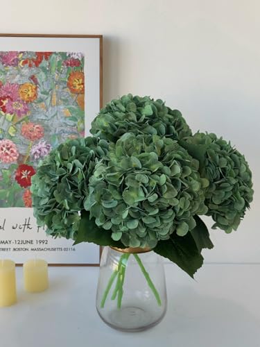 YalzoneMet 4Pcs Dark Green Silk Hydrangea Artificial Flower Big Blooms 20'' Long Stem Vintage Faux Hydrangea Flower Bouquets for Home Party Indoor Outdoor Boho Table Centerpiece Decor - color: Dark Green