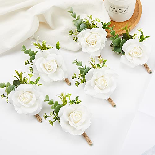 White Ivory Rose Wrist Corsage Boutonniere for Men Wedding Wrist Flower Corsage Hand Flower for Bride Bridesmaid Prom Decor Paty Girl - color: 3 Boutonnieres & 3 Wrist Corsages White