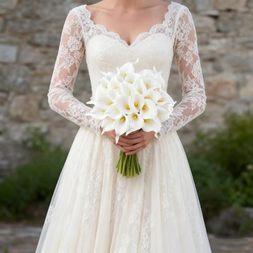 Calla Lily Bridal Wedding Festival Decor Bouquet Real Touch Latex Flower Bouquet Pack of 20 (Yellow-White) - color: White