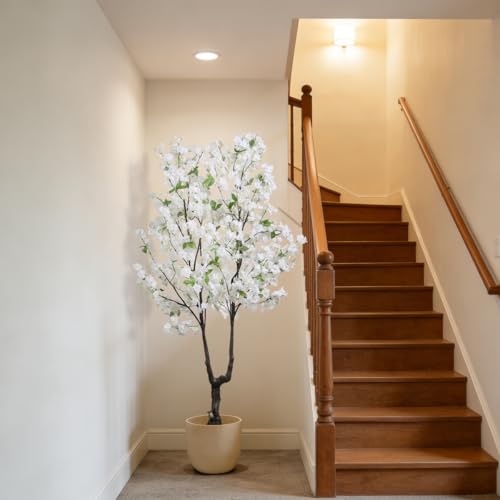 BINCUE Artificial White Cherry Blossom Tree Fake Tree Cherry Blossom Decor Fake Flowers Faux Flowering Tree White Flowers Floral Artificial Plants for Indoors Outdoors Room Home Office Gift 6FT - color: White-09ap