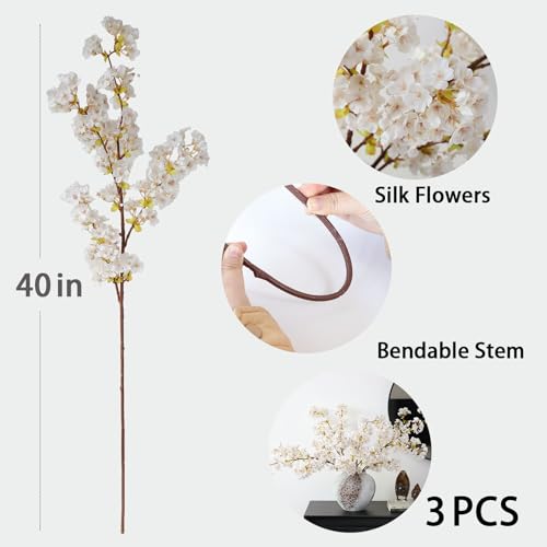 mizii 3Pcs Artificial White Cherry Blossom Branches 40" Fake Silk Cherry Blossoms Flowers with Long Stem for Wedding Decorations Table Centerpieces Vase Arrangement Home Decor (White) - color: White