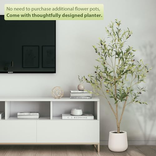 VIVATREES Olive Trees Artificial Indoor, 7FT Tall Faux Olive Tree with White Tall Planter, Artificial Plants with Natural Wood Trunk and Lifelike Fruits for Home Office Decor - color: White-7ft
