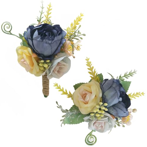 MAFELOE Corsage and Boutonniere Set for Wedding Prom Party Homecoming Celebration, Artificial Peony Flower Accessories Suit Decor 2 Pieces-Haze Blue - color: Haze Blue