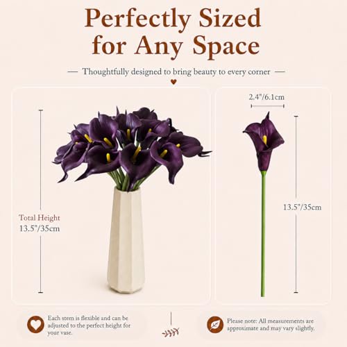 Mandy's 20pcs Grape Purple Calla Lily Artificial Flowers | 13.5 Inch PU Realistic Bouquet for Vase Elegant Home Decor Centerpiece Wedding Bridal Bouquet Table Decoration - color: Grape Purple