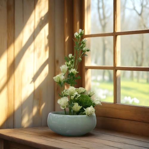Water Lotus Bowl Planter Kit - Japanese Compote Bowl Ikebana Vase Set w/ 1.8" Floral Frog- Ideal for Ikebana, Flower Arrangement & Hydroponic Planting (Ice Crackle Celadon) - color: Crackle Celadon