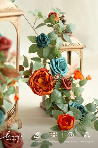 Ling's moment 6Pack 1.8ft Terracotta Artificial Flowers Garland Teal Blue Lantern Flower Burnt Orange Arch Floral Centerpieces for Wedding Aisle Chair Signs Table Cake Decor（not Including Lanterns） - color: Or-teal & Orange