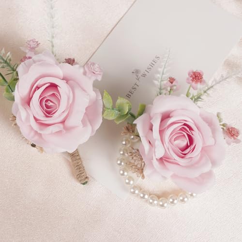 Alizeal 2Pcs of Wrist Corsage and Boutonniere Set, Artificial Flowers Accessories Suit Decor for Wedding Prom Party Homecoming Ceremony, Pink - color: 701-pink