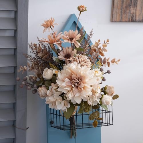 16-inch Artificial Fake Flowers Silk Table Arrangements Faux Plastic Floral Centerpieces for Home with Roses, Dandelions, Daisies, Hydrangea, Eucalyptus, Chrysanthemums and Hollyberries - color: Cappuccino