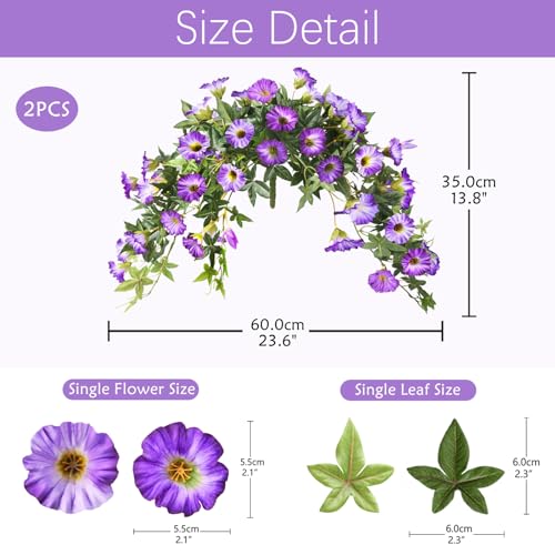 Artificial Fake Flowers Hanging Plants for Outdoor Spring Summer Decor, 2Pcs Faux Petunias Realistic Flowers Silk Morning Glory UV Resistant No Fade for Home Outside Garden Patio Yard Porch(Purple) - color: Purple