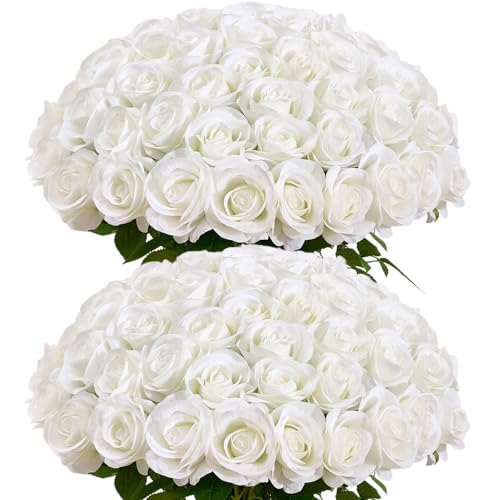 60 Pcs Ivory Fake Roses Artificial Flowers Bulk Realistic Silk Faux Rose with Stems for Wedding Decoration Anniversary Bridal Bouquet DIY Floral Arrangement Romantic Home Decor Gifts - color: Ivory
