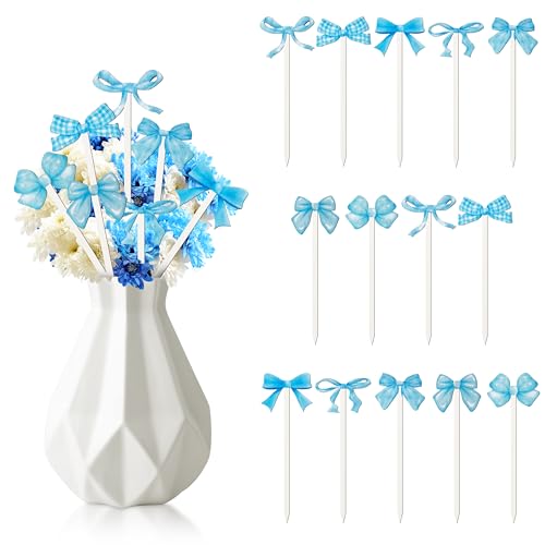 TICIAGA Blue Bow Wooden Pick - 14PCS Blue Bow Tie Double-sided Wooden Decorative Pick for Home Vase Filler Butterfly Knot Floral Wood Decorative Stick for Farmhouse Coquette Theme Decorations for Home - color: Blue Bow