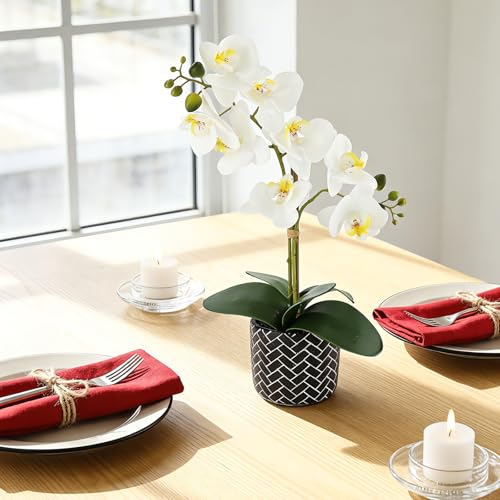 Orchid Artificial Flowers 16" White Fake Orchid Flowers in Black Ceramic Pot for Home Decor Office Bathroom Table Centerpiece Indoor (White#3) - color: White-black Patterned