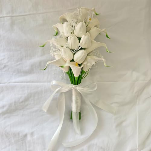 Wedding Bouquets for Bride Bridal Bouquets Artificial Tulips Calla Lily Babys Breath Flowers Bouquet for Wedding Gifts Home Decoration (White) - color: White