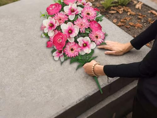 Briful Artificial Flowers for Cemetery, Cemetery Flowers for Grave, Weather Resistant Cemetery Flowers for Vase, Large Sympathy Grave Floral Arrangement with Chrysanthemums Lily Silk Flower - color: Hotpink, size: 25.9 in. Cemetery Flowers Bouquet