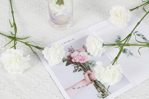 IPOPU White Carnations Artificial Flowers,6PCS Real Touch Fake Carnations 20'' Long Stem Faux Flowers for Tall Vases Home Wedding Party Table Centerpieces Decor (White) - color: White