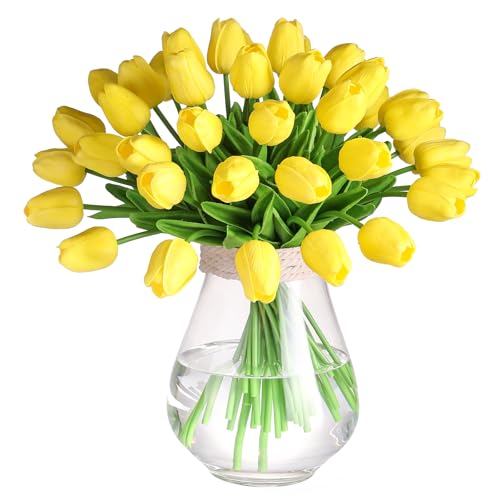 30 Pcs Artificial Tulips PU Faux Flowers, Yellow Real Touch Fake Tulips for Valentine's Day Spring Easter Home Kitchen Wedding Decorations and New Year Decor - color: Yellow