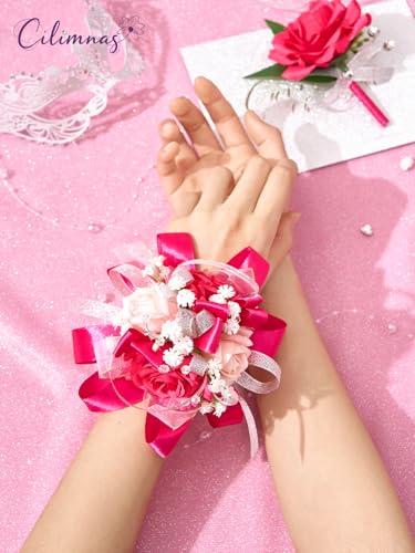 Prom Corsage and Boutonniere Set Hot Pink,Artificial Silk Rose Wrist Corsage for Homecoming, Formal Dance Party, Wedding,Graduation,Anniversary - color: Hot Pink