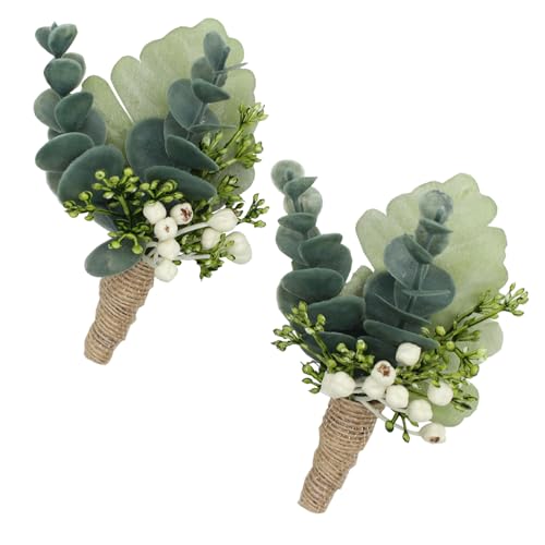 Handmade Artificial Succulent Corsage Wristlet Realistic Berry Green Plants Boutonniere for Wedding Decor 2 Pcs (Corsage A) - color: Green