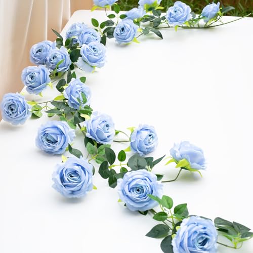 Bendable Artificial Flower Garland Faux Rose Vine Hanging Floral Garland for Wall Decor Trellis Fence Home Room Garden Wedding Decoration(Blue, 1pcs) - color: Blue, size: 1pcs